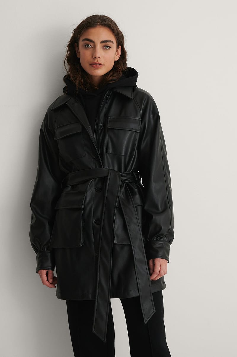 Chest Pocket PU Belted Jacket