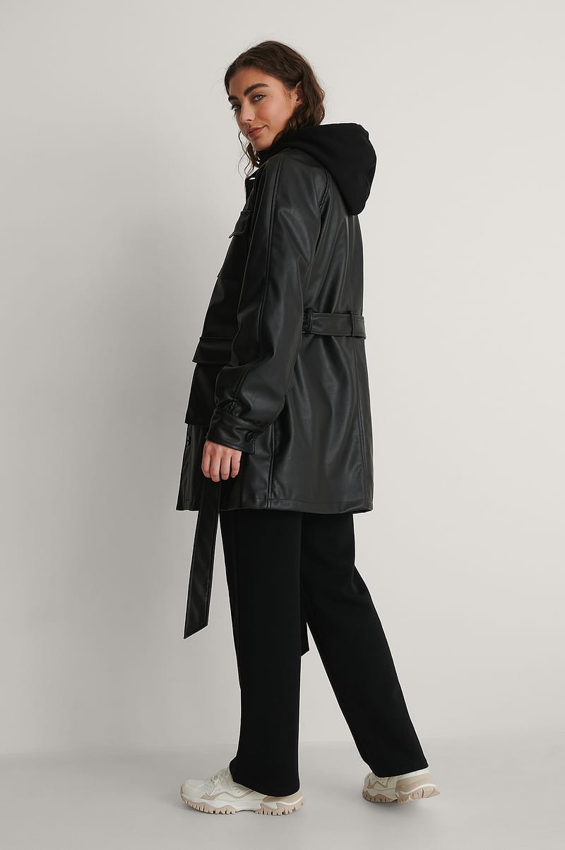 Chest Pocket PU Belted Jacket