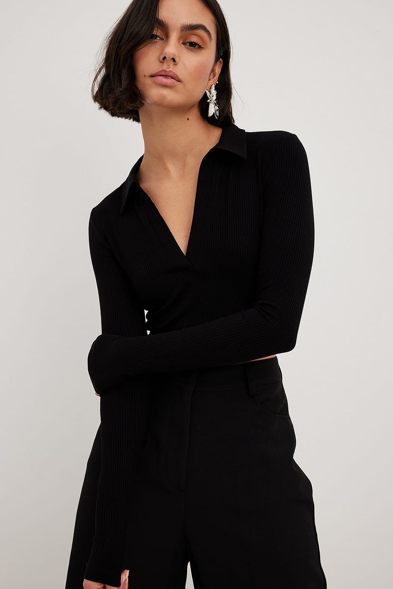 Collar Detail Crop Top - Black
