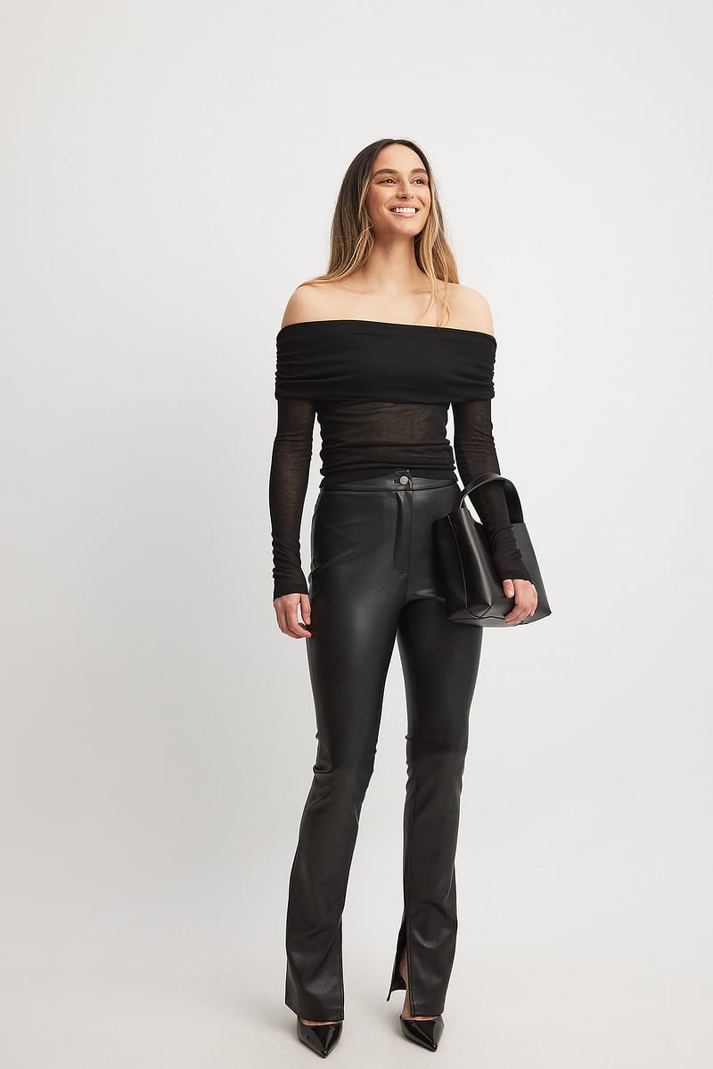 Side Slit PU Leggings - Black