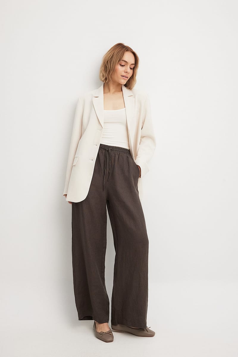 Elastic Waist Linen Trousers - Brown