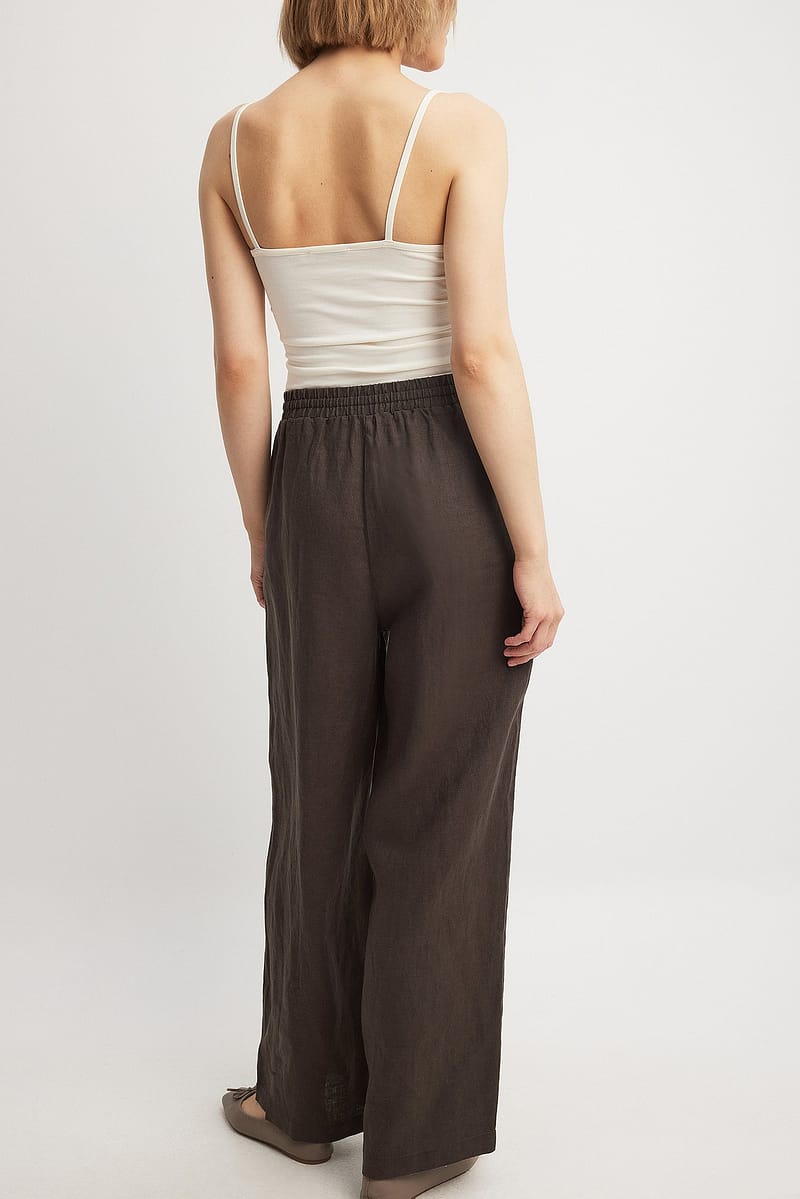 Elastic Waist Linen Trousers - Brown