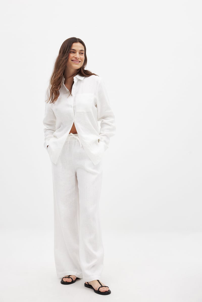 Elastic Waist Linen Trousers - White