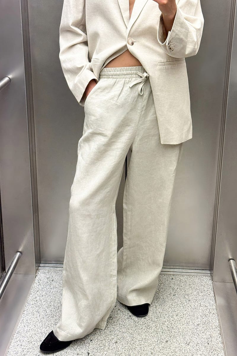 Elastic Waist Linen Trousers - Beige