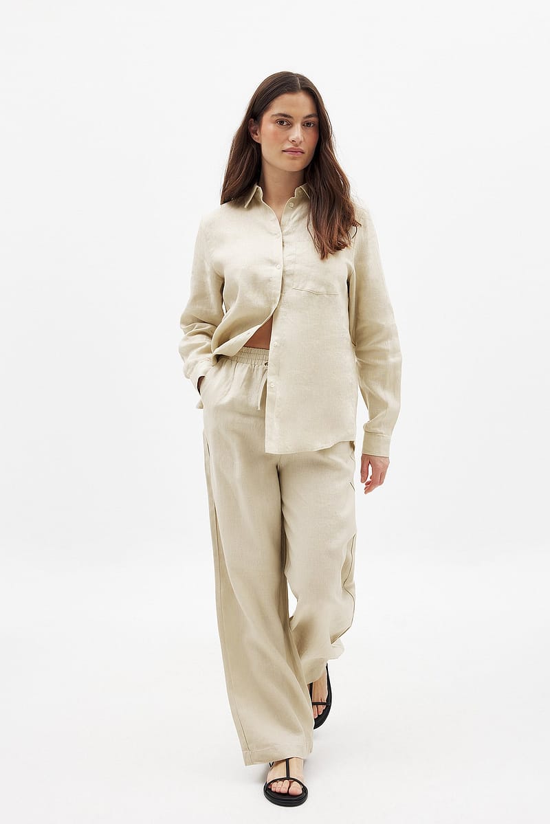 Elastic Waist Linen Trousers - Beige