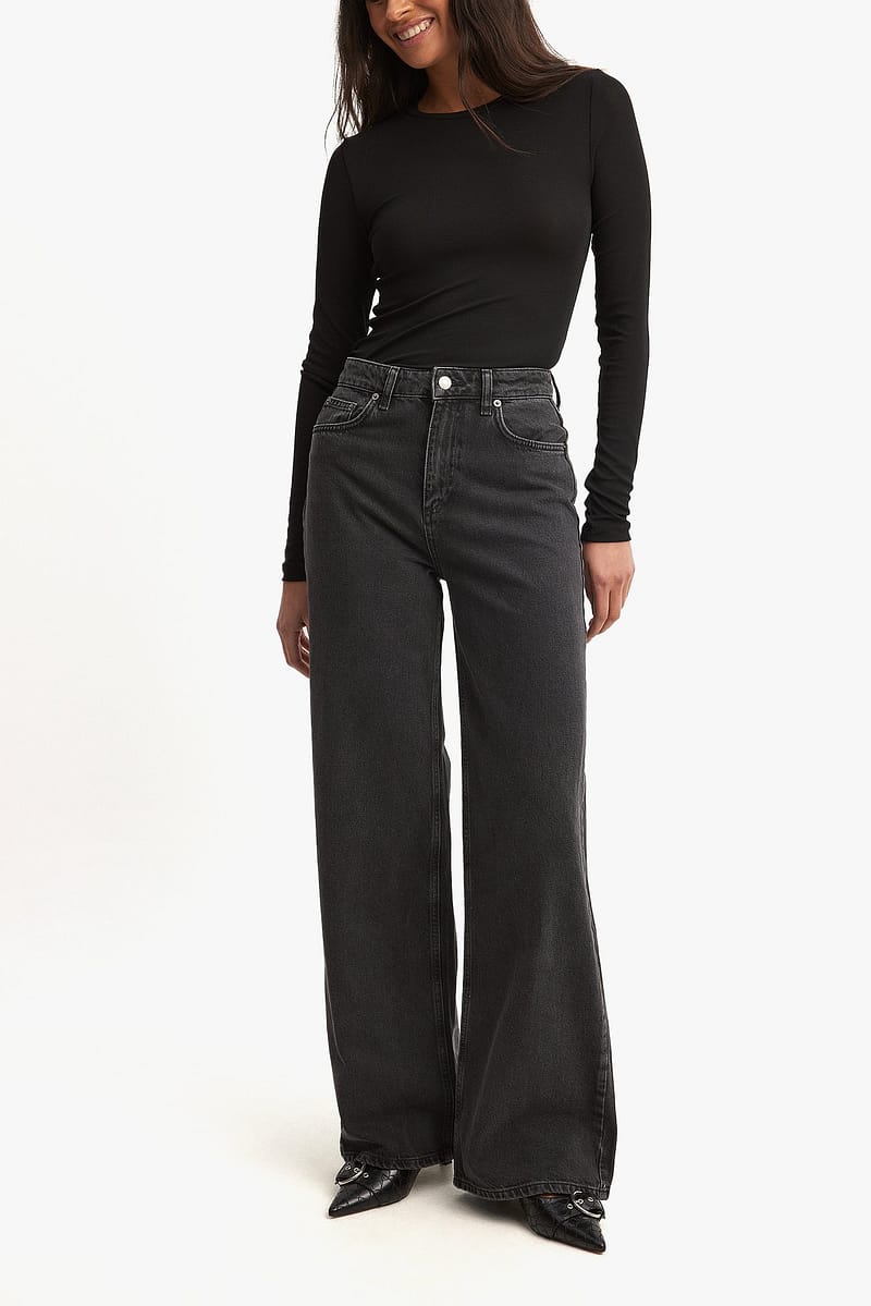 Wide High Waist Jeans - Dark Grey