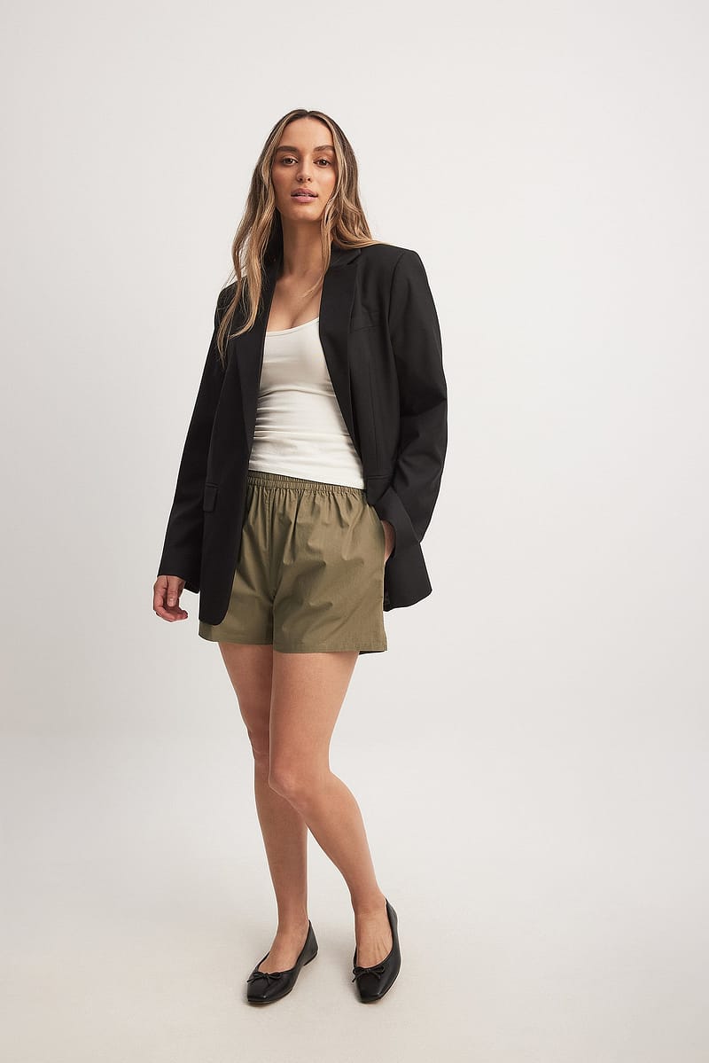Elastic Waist Cotton Shorts - Olive Green