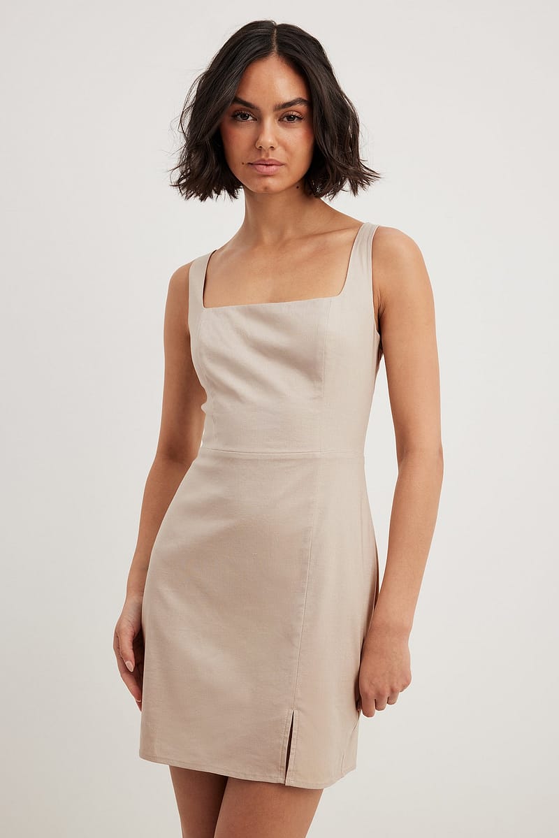 Square Neck Linen Mix Mini Dress