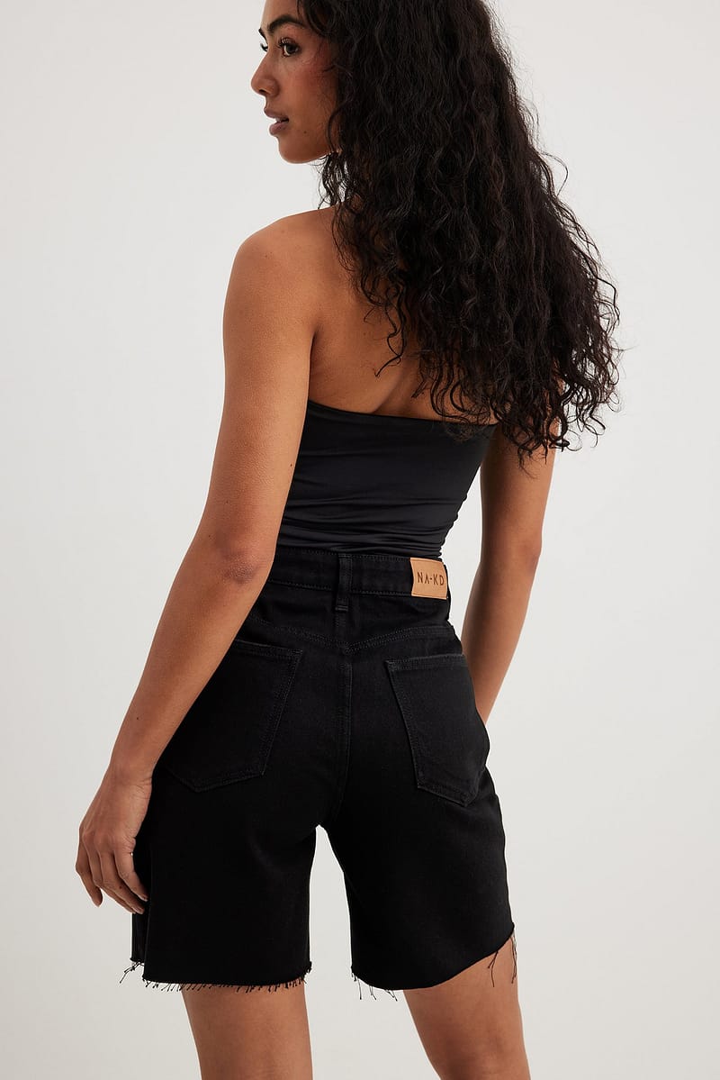 High Waist Raw Hem Denim Shorts - Black