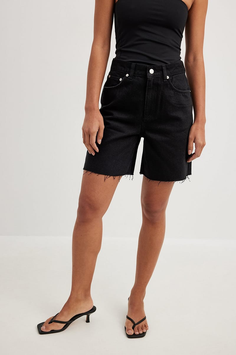 High Waist Raw Hem Denim Shorts - Black