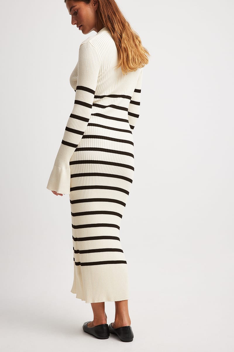 Striped Rib Knitted Trumpet Sleeve Dress