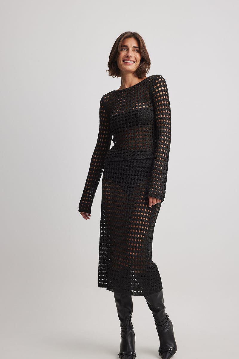Crochet Knitted Midi Skirt - Black