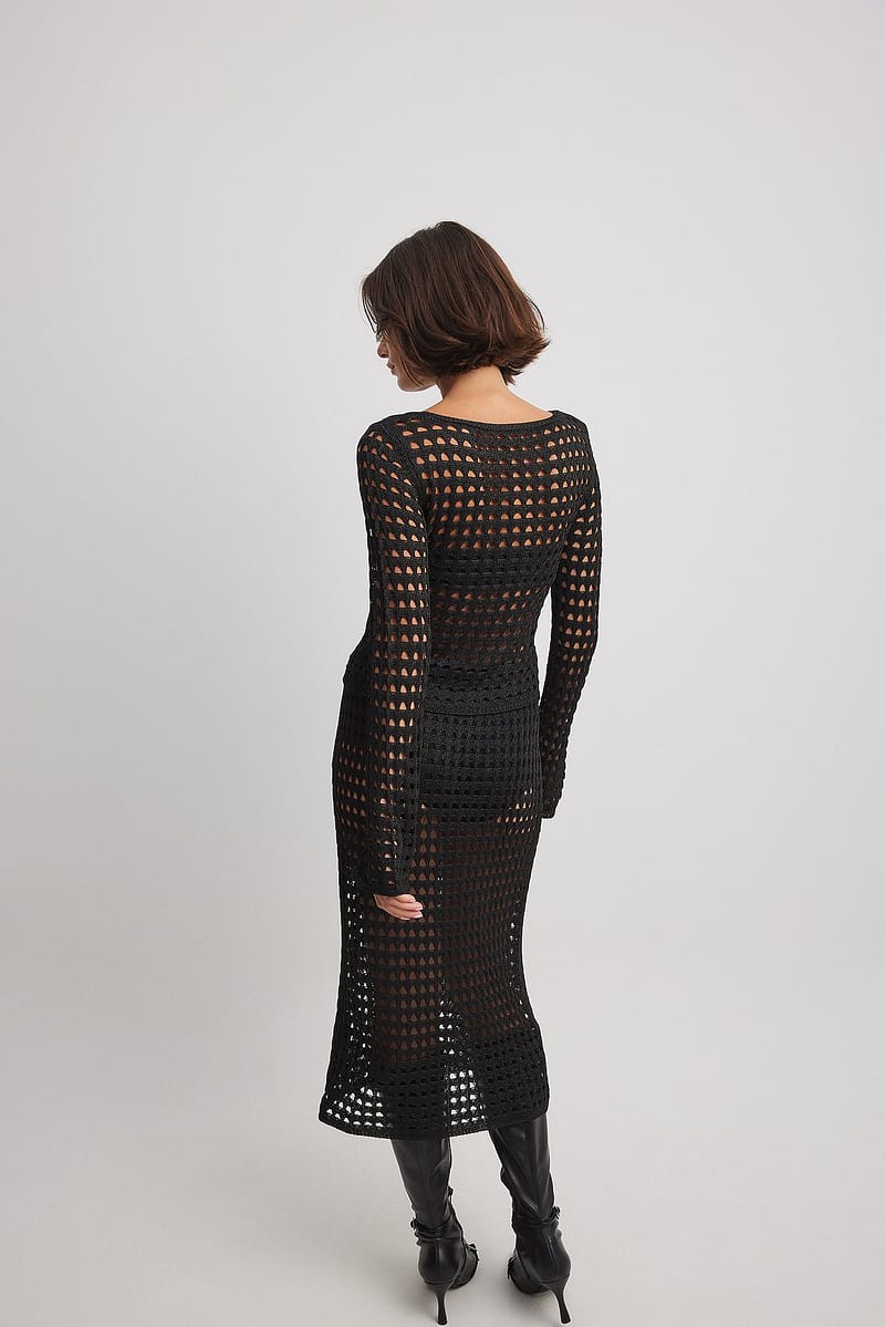 Crochet Knitted Midi Skirt - Black