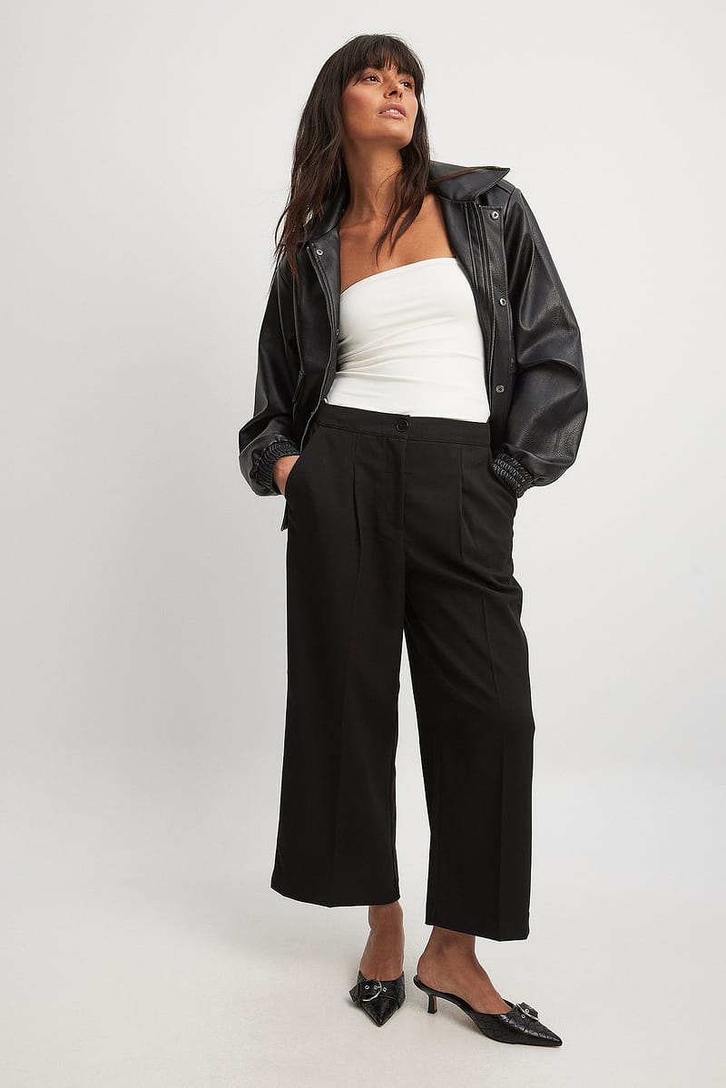 Cropped Straight Suit Pants - Black