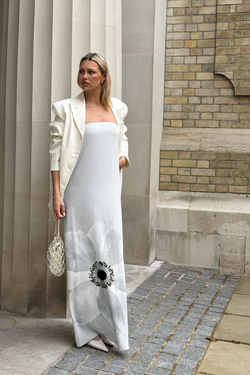 Printed Off Shoulder Maxi Dress - Light Grey