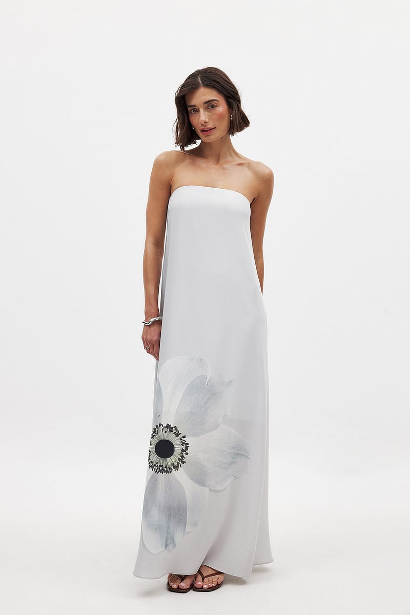 Printed Off Shoulder Maxi Dress - Light Grey