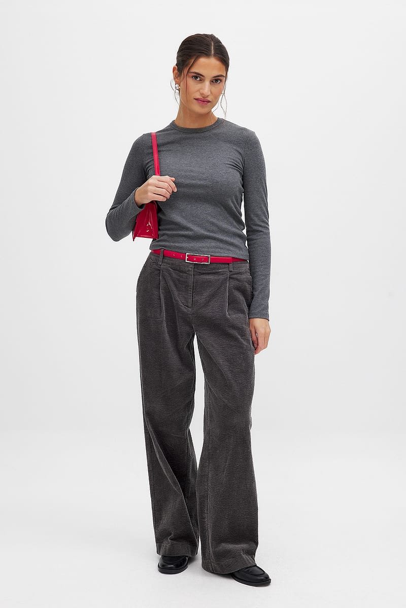 Cord Loose Low Waist Pants - Grey