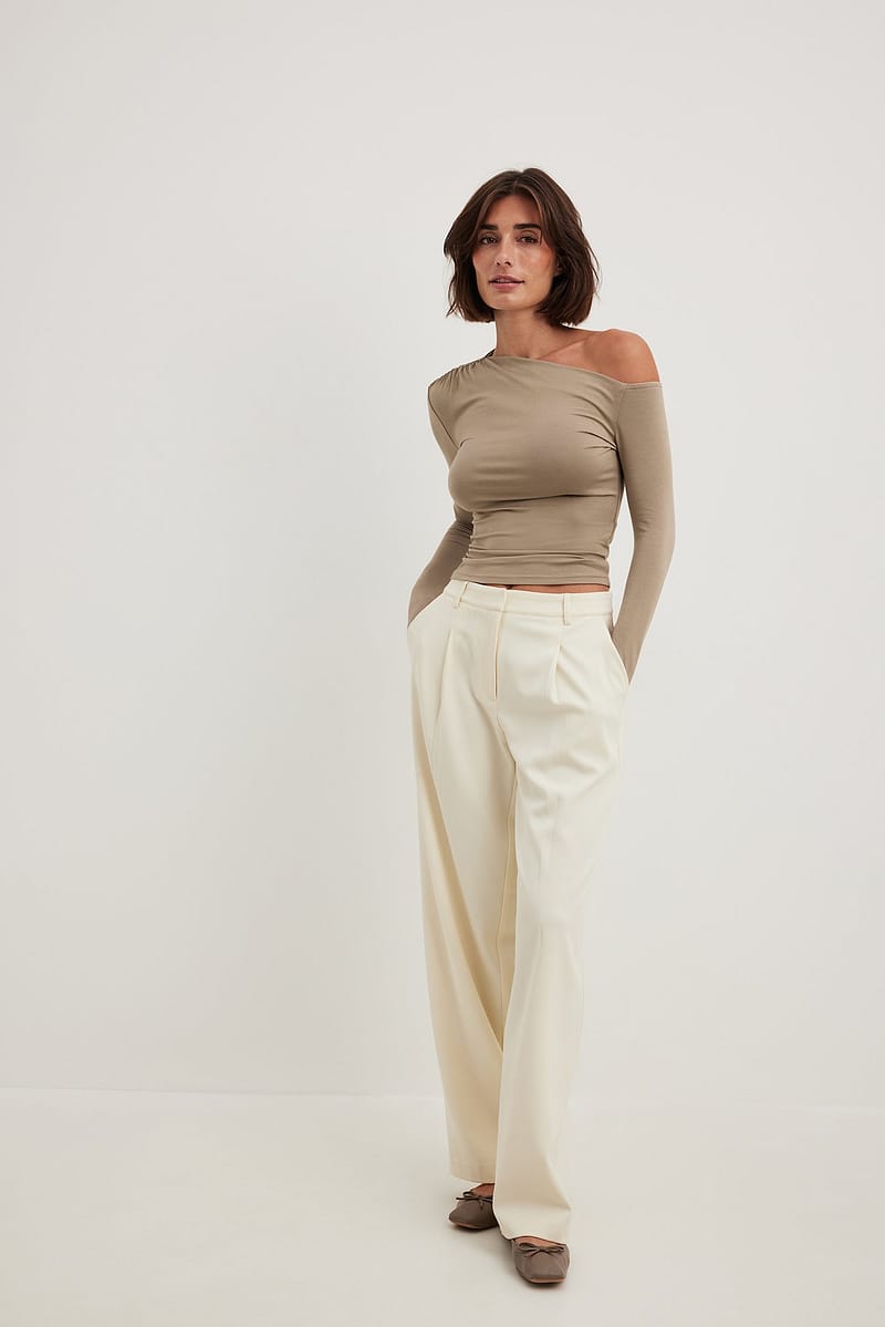 Off Shoulder Jersey Top - Beige