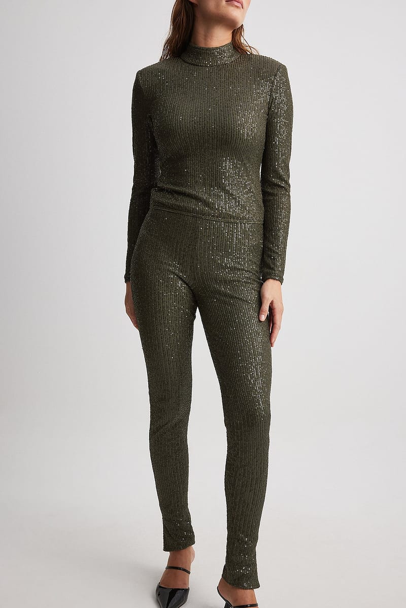 Slit Sequin Leggings - Olive Green