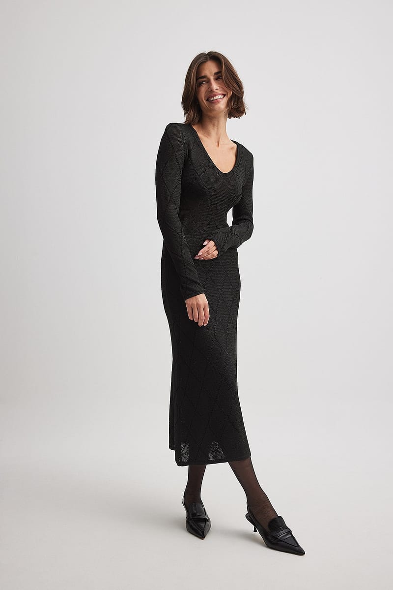 Knitted V-Neck Midi Dress - Black