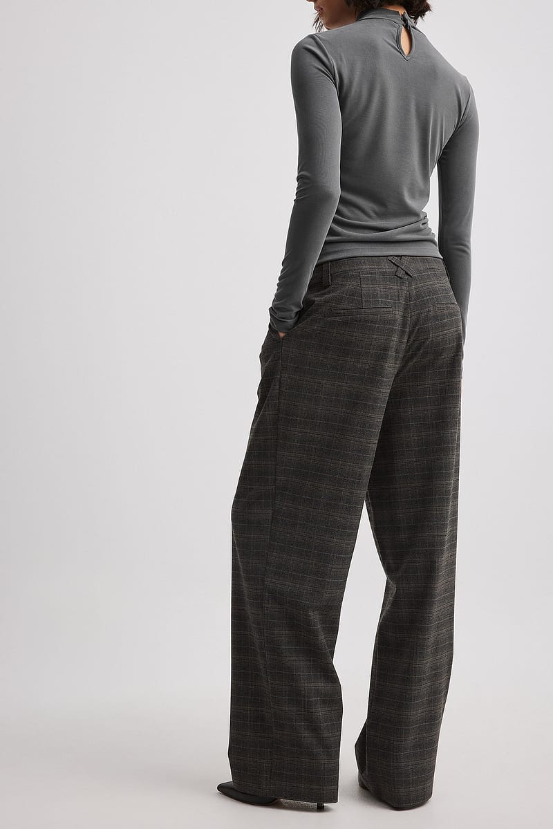 Check Pleated Mid Waist Suit Pants