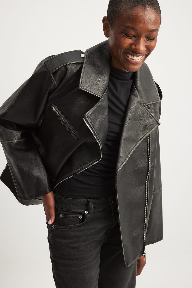 Washed Out Pu Biker Jacket - Black