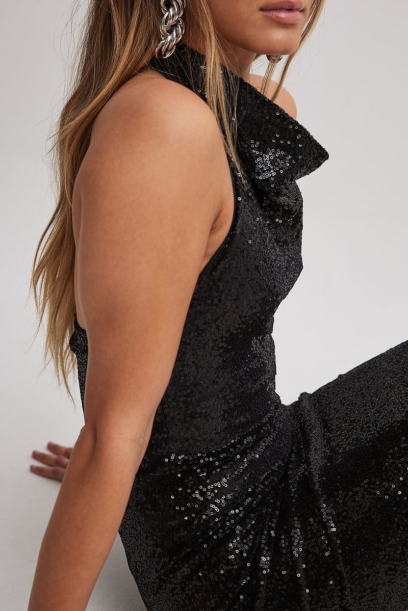 Funnel Neck Velvet Sequin Midi Dress
