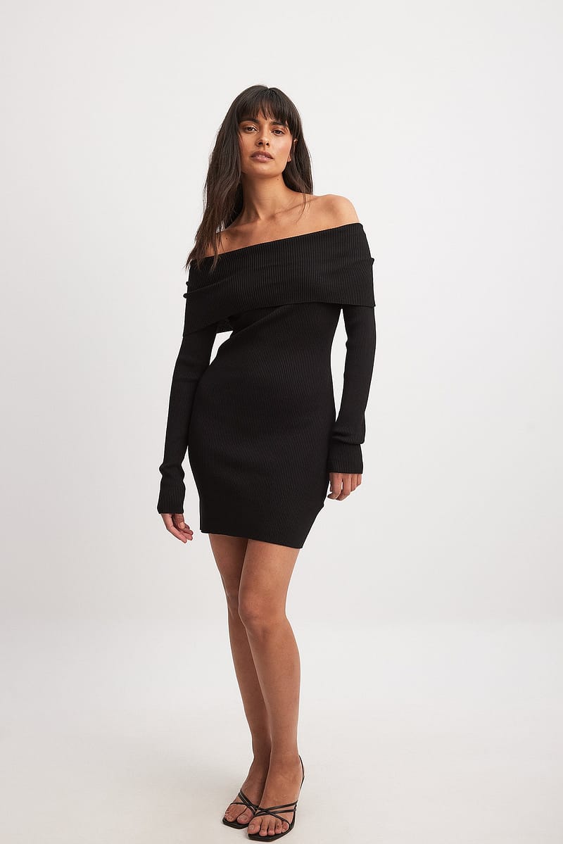 Folded Offshoulder Knitted Mini Dress - Black