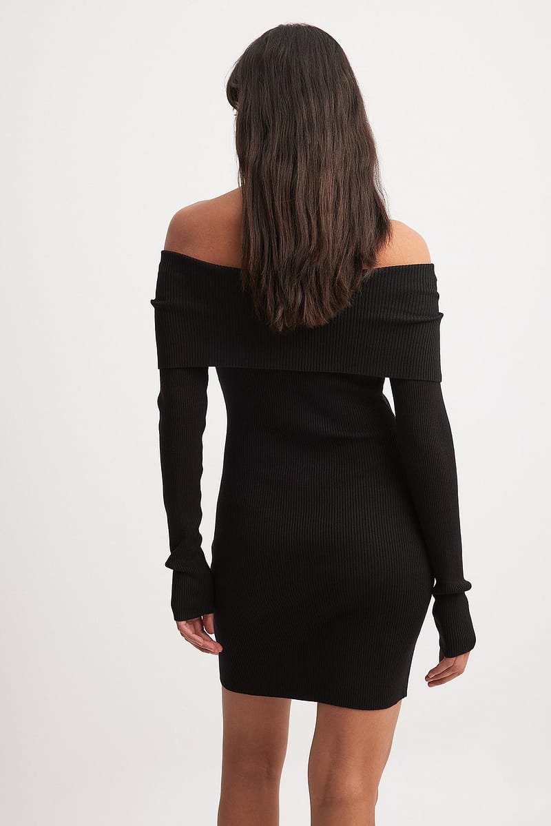 Folded Offshoulder Knitted Mini Dress - Black