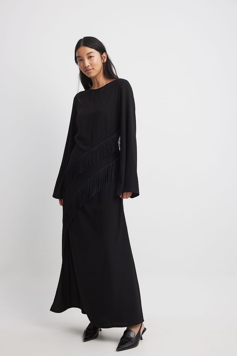 Fringe Detail Open Back Maxi Dress