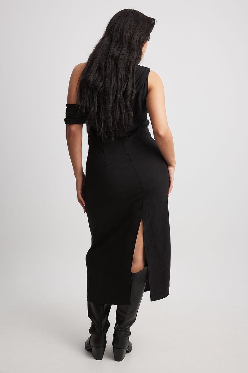 One Shoulder Draped Midi Dress - Black