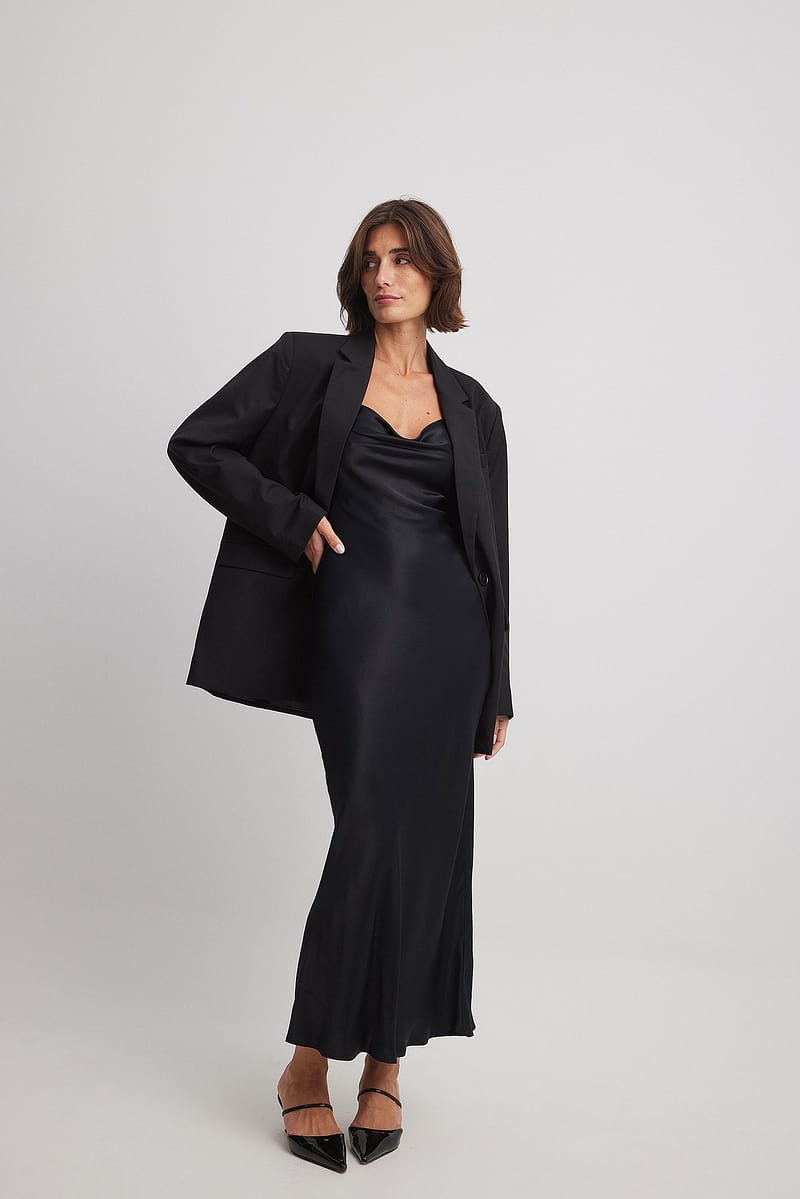 Waterfall Midi Slip Dress - Black