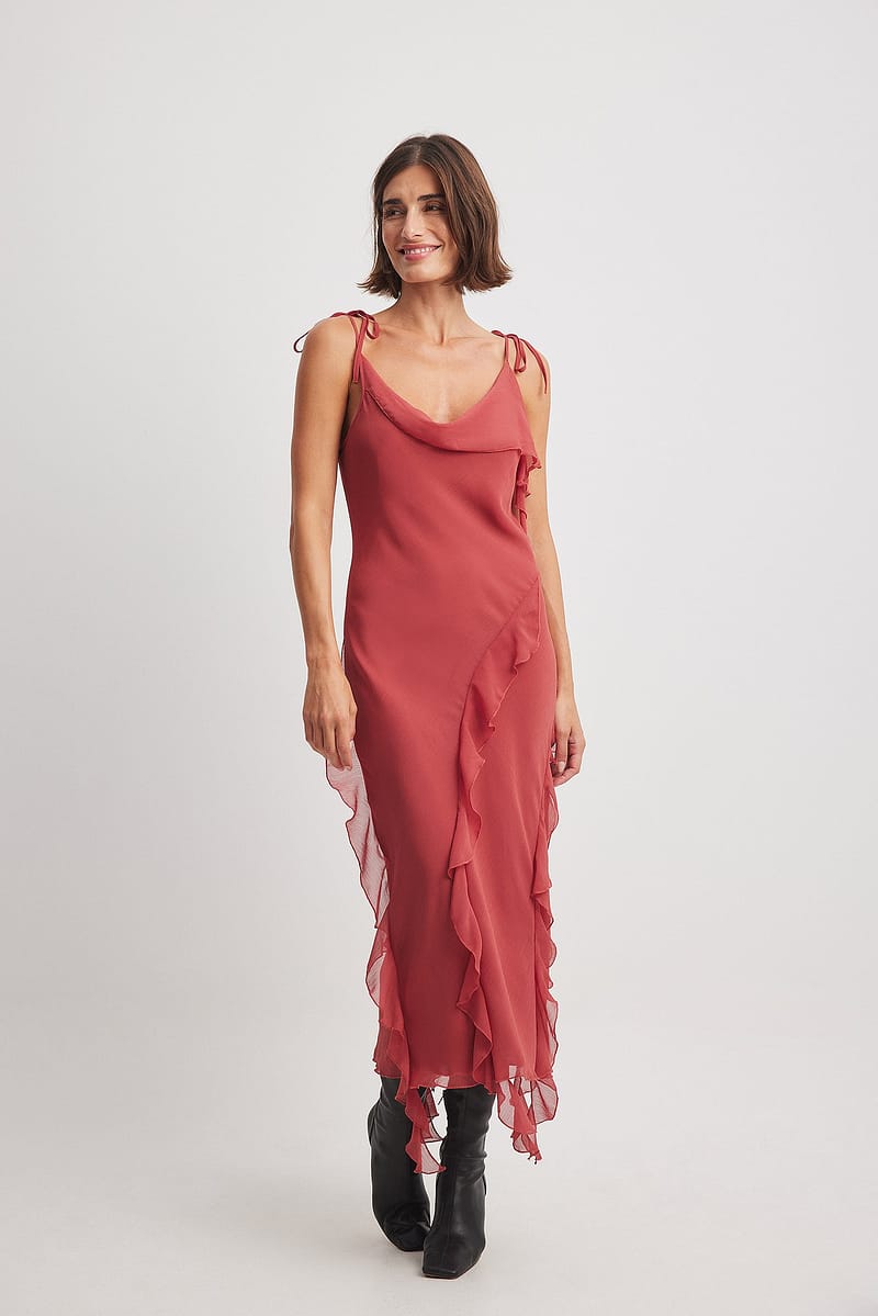 Ruffle Chiffon Tie Detail Midi Dress