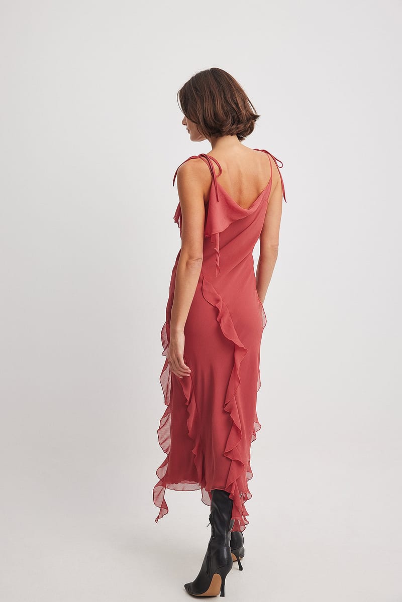Ruffle Chiffon Tie Detail Midi Dress
