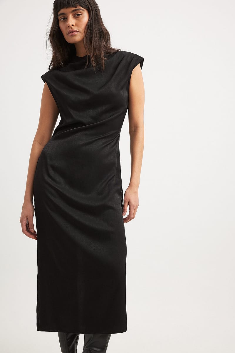 Funnel Neck Open Back Midi Dress - Black