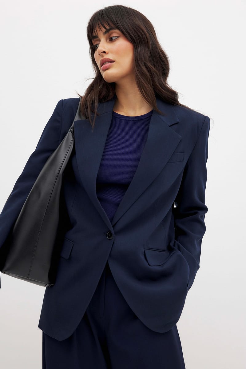 Maxi Oversized One Button Blazer - Navy