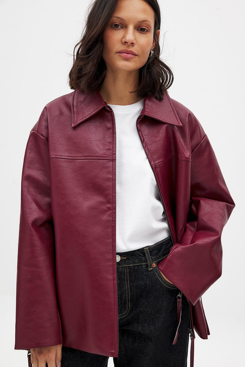 Zip Detail Shiny Pu Jacket - Burgundy