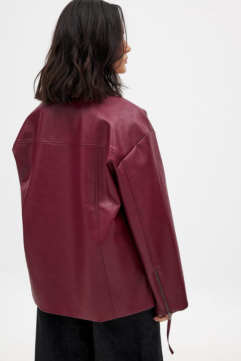 Zip Detail Shiny Pu Jacket - Burgundy