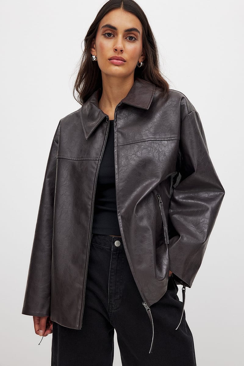 Zip Detail Shiny Pu Jacket - Dark Brown