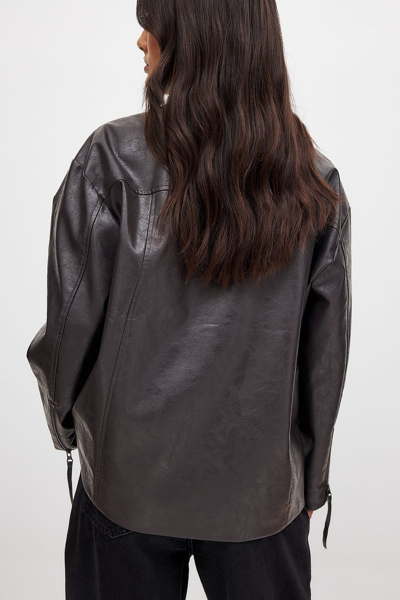 Zip Detail Shiny Pu Jacket - Dark Brown