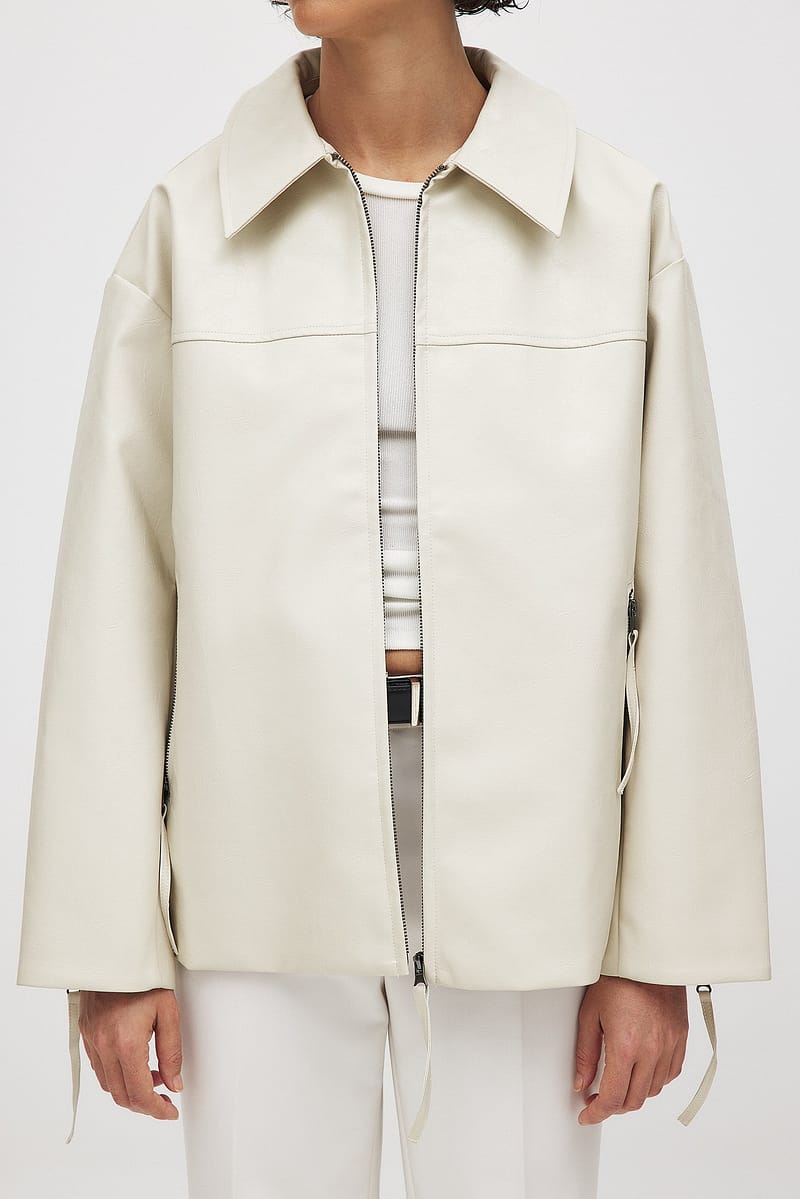 Zip Detail Shiny Pu Jacket - Light Beige
