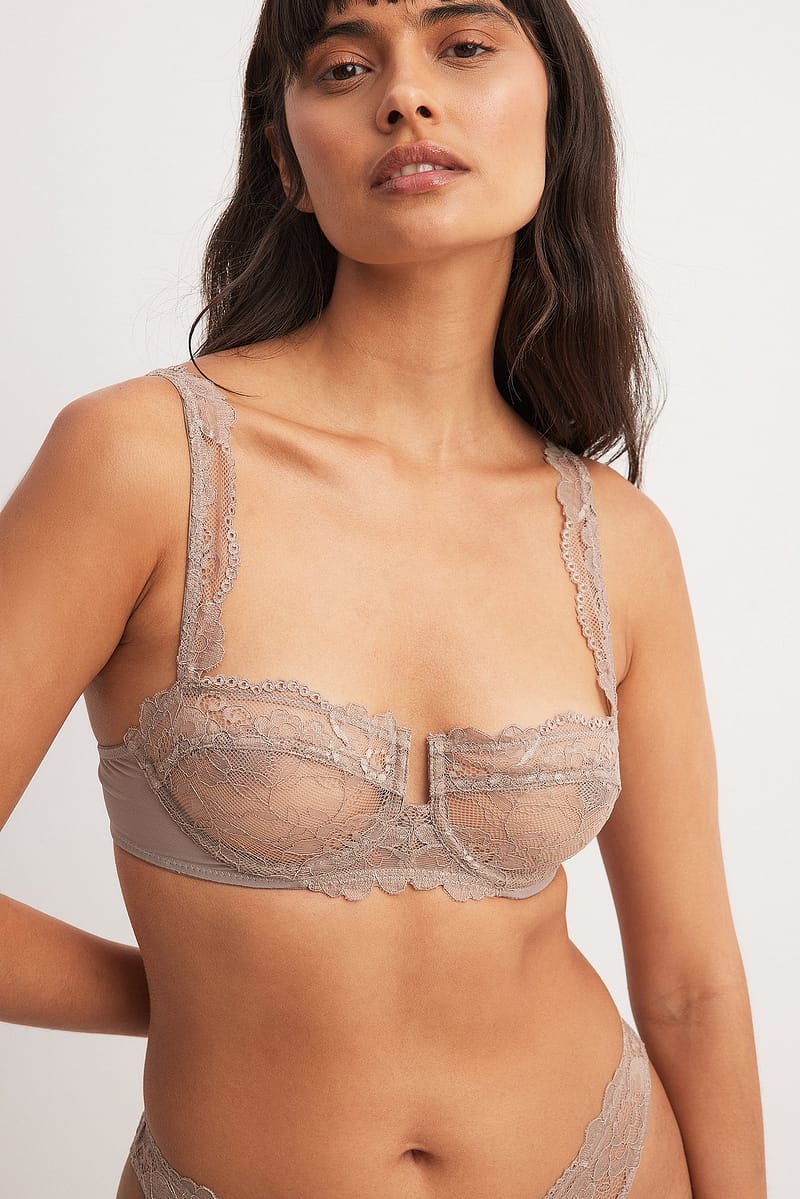 Wide Strap Lace Balconette Bra - Grey