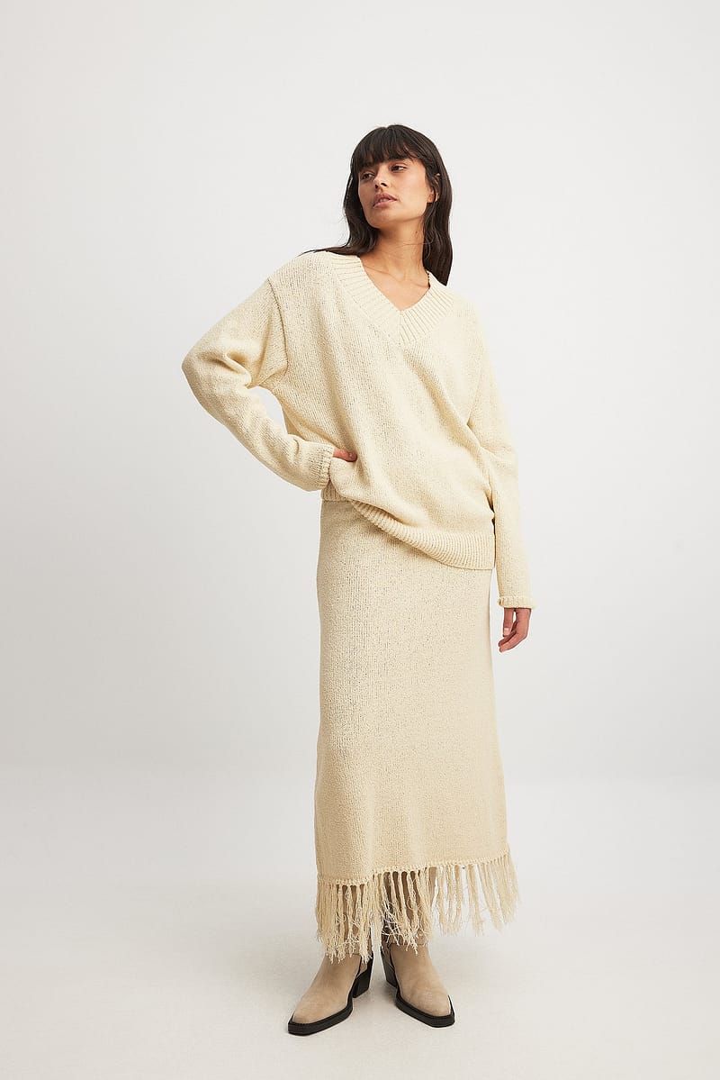 Knitted Fringe Detail Midi Skirt - Beige