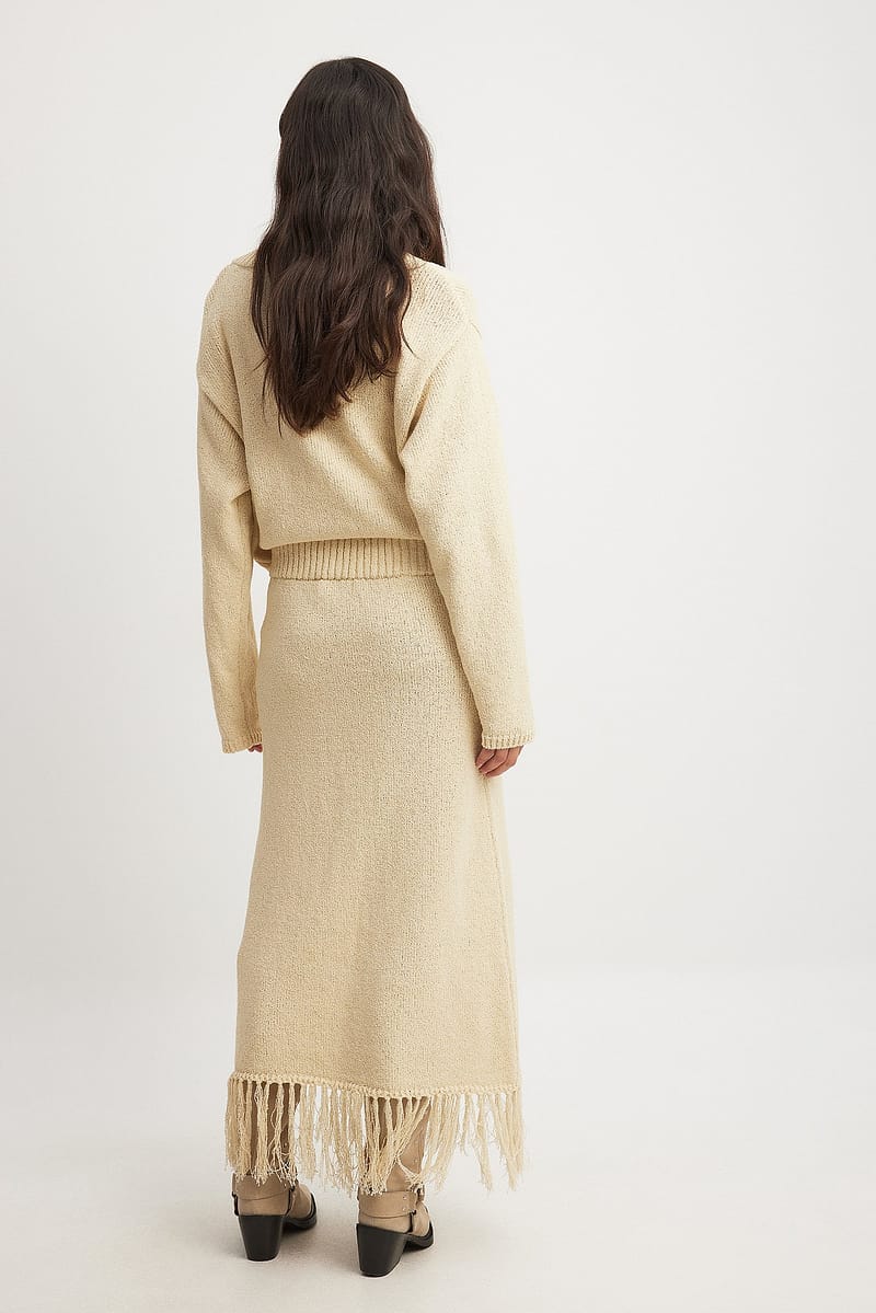Knitted Fringe Detail Midi Skirt - Beige