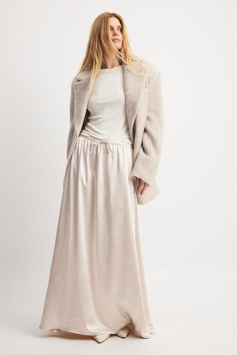 Drawstring Satin Maxi Skirt - Beige