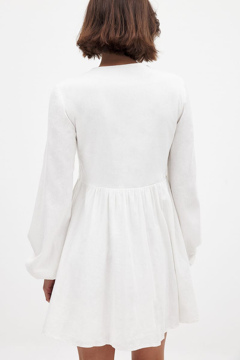 Linen Blend LS Flowy Mini Dress - White