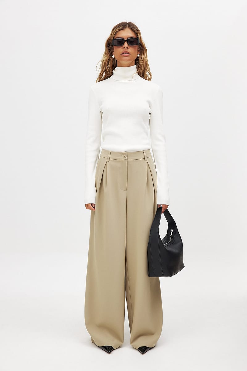 Wide High Waist Suit Pants - Beige