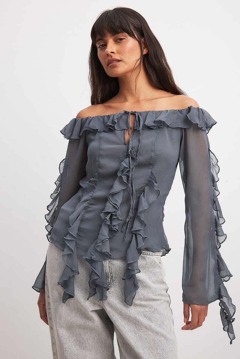 Off Shoulder Ruffle Chiffon Blouse