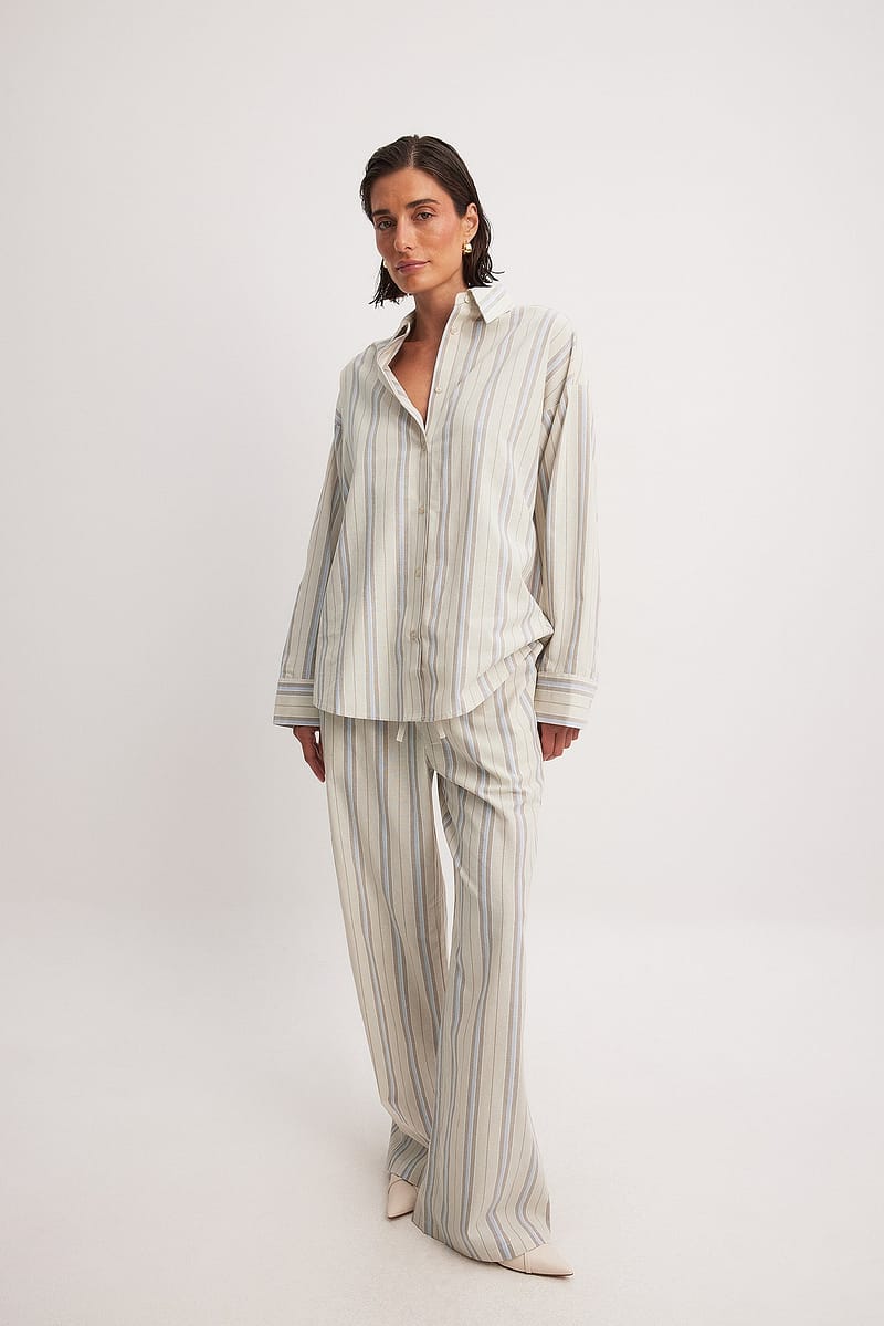 Cotton Striped Elastic Waist Pants - Stripe / Beige