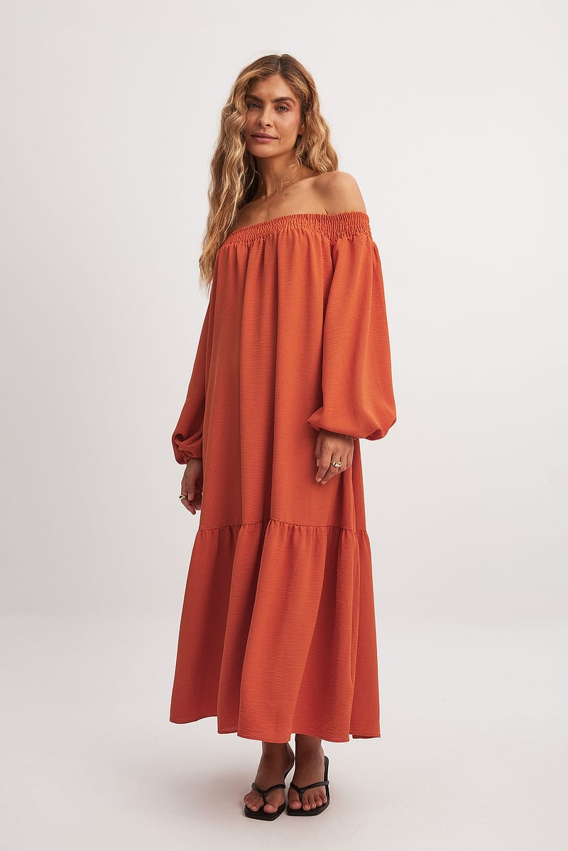 Off Shoulder Long Sleeve Midi Dress